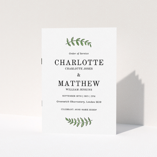 A wedding program named "Top and Bottom". It is an A5 booklet in a portrait orientation. "Top and Bottom" is available as a folded booklet booklet, with tones of white and green.