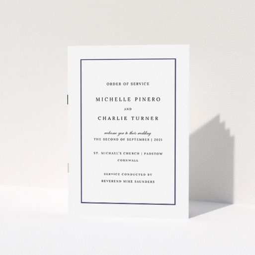 Wedding Program Design - "Traditional Order of Service" A wedding program design titled "Traditional Order of Service". It is an A5 booklet in a portrait orientation. "Traditional Order of Service" is available as a folded booklet booklet, with tones of white and blue.