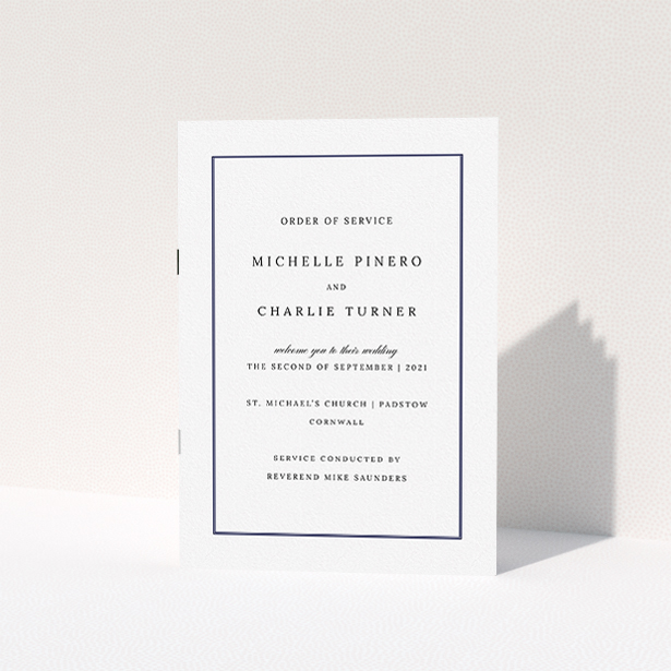 A wedding program design titled "Traditional Order of Service". It is an A5 booklet in a portrait orientation. "Traditional Order of Service" is available as a folded booklet booklet, with tones of white and blue.