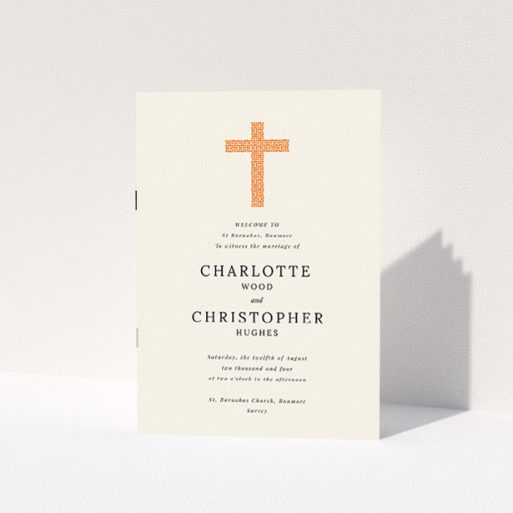 Wedding Program Design - "Vibrant church" A wedding program design titled "Vibrant church". It is an A5 booklet in a portrait orientation. "Vibrant church" is available as a folded booklet booklet, with tones of pale cream and bright orange.