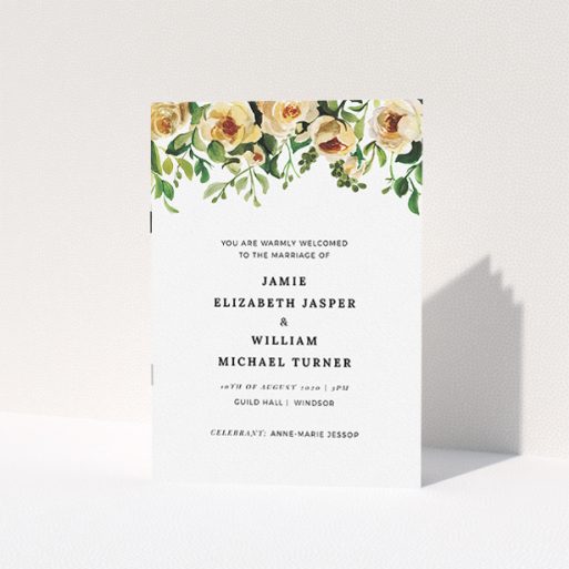 Wedding Program Design - "Watercolour Rose Impression" A wedding program template titled "Watercolour Rose Impression". It is an A5 booklet in a portrait orientation. "Watercolour Rose Impression" is available as a folded booklet booklet, with mainly pink colouring.