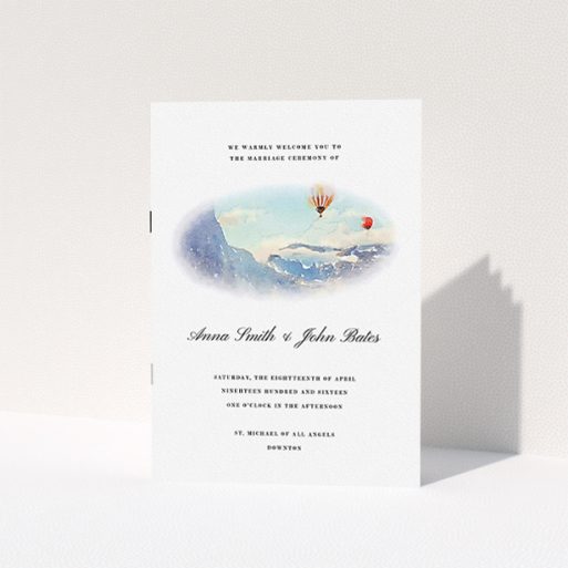 Wedding Program Design - "Window down the Valley" A wedding program design called "Window down the Valley". It is an A5 booklet in a portrait orientation. "Window down the Valley" is available as a folded booklet booklet, with tones of white, blue and red.