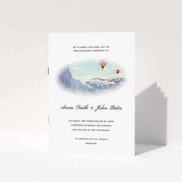 A wedding program design called "Window down the Valley". It is an A5 booklet in a portrait orientation. "Window down the Valley" is available as a folded booklet booklet, with tones of white, blue and red.