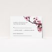 A wedding response card design called "A side of Blossom". It is an A7 card in a landscape orientation. "A side of Blossom" is available as a flat card, with tones of pink and white.