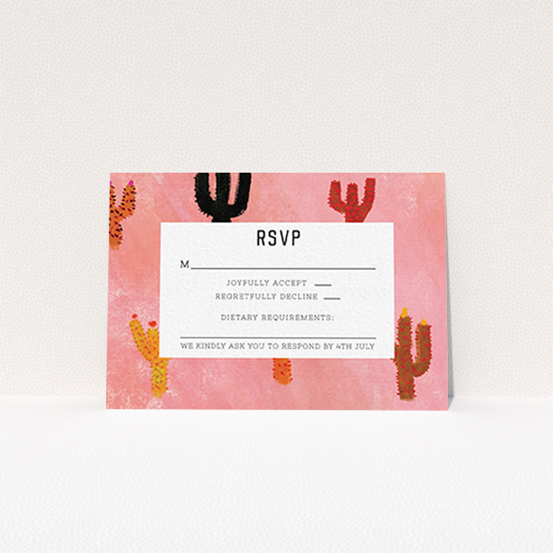 A wedding response card design called "Albuquerque". It is an A7 card in a landscape orientation. "Albuquerque" is available as a flat card, with tones of pink and orange.