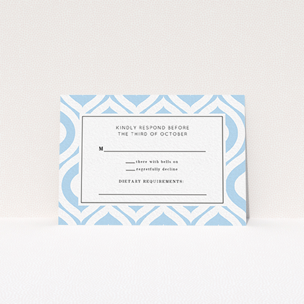 A wedding response card called "Arabian diamonds". It is an A7 card in a landscape orientation. "Arabian diamonds" is available as a flat card, with tones of blue and white.