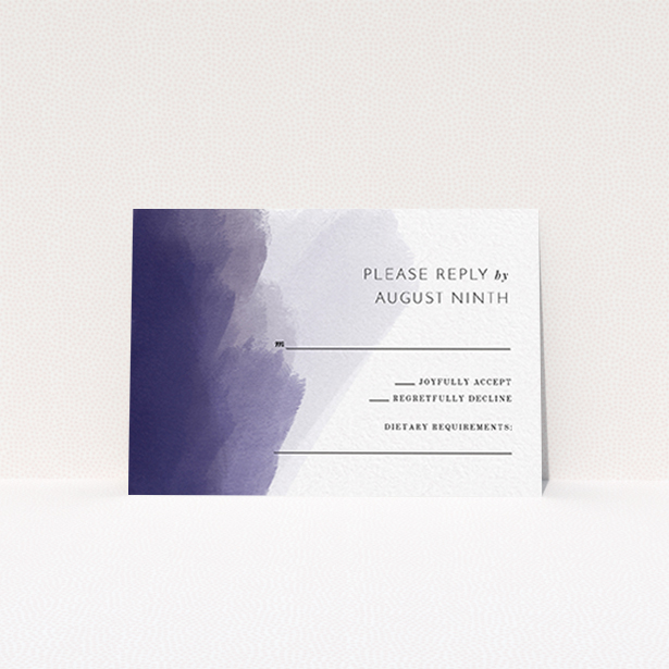 A wedding response card design called "Blue and Cream". It is an A7 card in a landscape orientation. "Blue and Cream" is available as a flat card, with tones of blue and white.