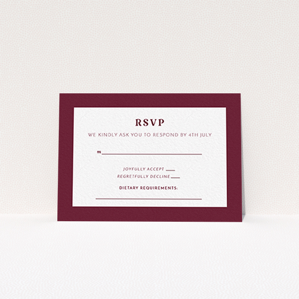 A wedding response card design called "Bold border". It is an A7 card in a landscape orientation. "Bold border" is available as a flat card, with tones of burgundy and white.