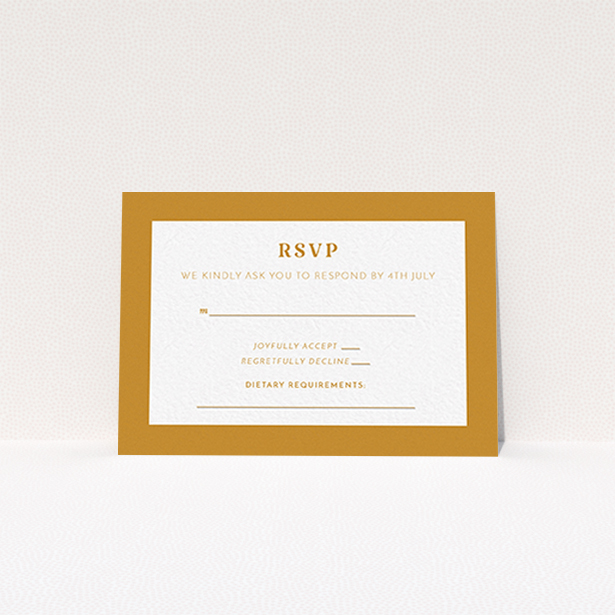 A wedding response card named "Bold border". It is an A7 card in a landscape orientation. "Bold border" is available as a flat card, with tones of orange and white.