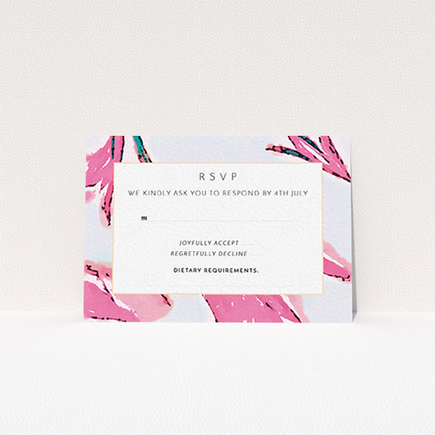 A wedding response card template titled "By the river bank". It is an A7 card in a landscape orientation. "By the river bank" is available as a flat card, with tones of vibrant pink and green.