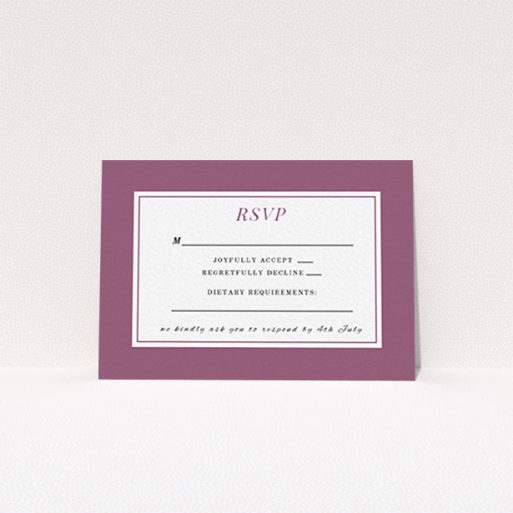 Wedding Response Card Design - "Coupe" A wedding response card template titled "Coupe". It is an A7 card in a landscape orientation. "Coupe" is available as a flat card, with mainly purple/dark pink colouring.