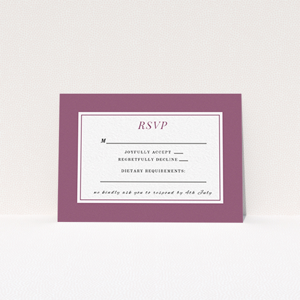 A wedding response card template titled "Coupe". It is an A7 card in a landscape orientation. "Coupe" is available as a flat card, with mainly purple/dark pink colouring.
