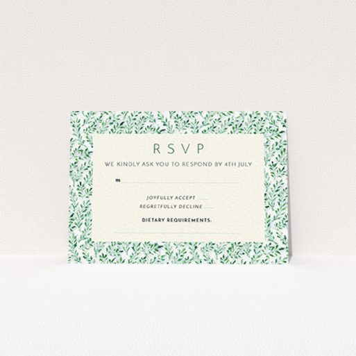 Wedding Response Card Design - "From the hedge" A wedding response card template titled "From the hedge". It is an A7 card in a landscape orientation. "From the hedge" is available as a flat card, with mainly green colouring.