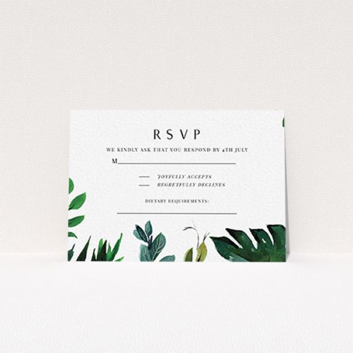 Wedding Response Card Design - "Gap in the Jungle" A wedding response card design named "Gap in the Jungle". It is an A7 card in a landscape orientation. "Gap in the Jungle" is available as a flat card, with tones of green and white.