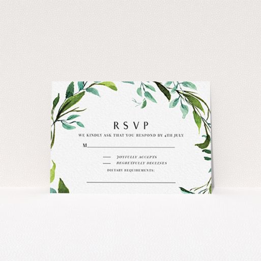 Wedding Response Card Design - "Greek Wreath" A wedding response card named "Greek Wreath". It is an A7 card in a landscape orientation. "Greek Wreath" is available as a flat card, with tones of green and light blue.