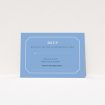 A wedding response card template titled "In between the lines square". It is an A7 card in a landscape orientation. "In between the lines square" is available as a flat card, with tones of blue and white.