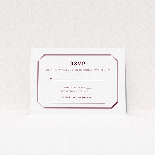 A wedding response card template titled "In between the lines square". It is an A7 card in a landscape orientation. "In between the lines square" is available as a flat card, with tones of white and burgundy.