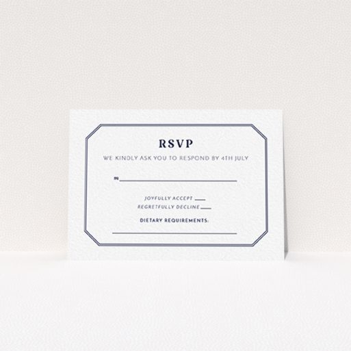 Wedding Rsvp Card - In Between The Lines Square (Navy Blue) A wedding response card design called "In between the lines square". It is an A7 card in a landscape orientation. "In between the lines square" is available as a flat card, with tones of white and navy blue.
