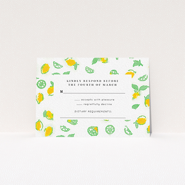A wedding response card design called "Madeira". It is an A7 card in a landscape orientation. "Madeira" is available as a flat card, with tones of green and yellow.