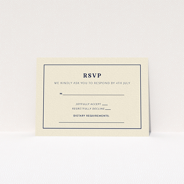 A wedding response card named "Nice and square". It is an A7 card in a landscape orientation. "Nice and square" is available as a flat card, with tones of cream and navy blue.