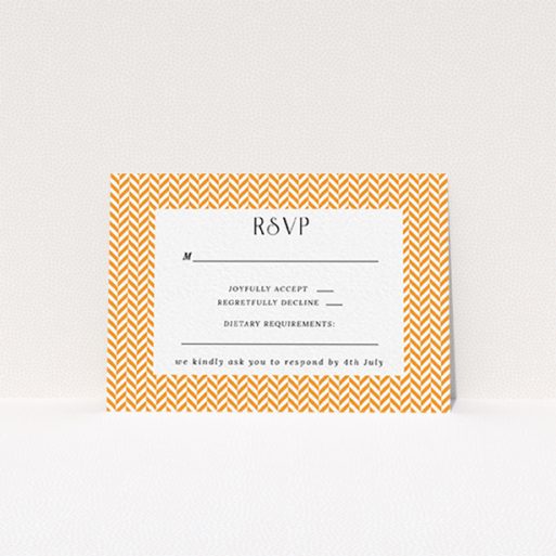 Wedding Response Card Design - "Orange Houndstooth" A wedding response card called "Orange Houndstooth". It is an A7 card in a landscape orientation. "Orange Houndstooth" is available as a flat card, with tones of orange and white.