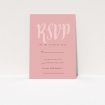 A wedding response card called "Pastel Pink Typography". It is an A7 card in a portrait orientation. "Pastel Pink Typography" is available as a flat card, with mainly pink colouring.