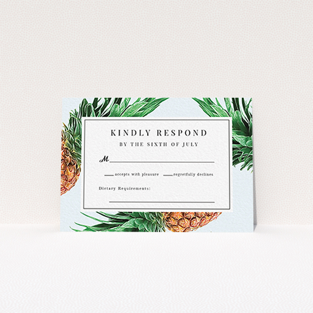 A wedding response card design titled "Pineapples falling". It is an A7 card in a landscape orientation. "Pineapples falling" is available as a flat card, with tones of light blue, green and brown.