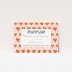 A wedding response card called "Rustic Hearts". It is an A7 card in a landscape orientation. "Rustic Hearts" is available as a flat card, with tones of pink and orange.