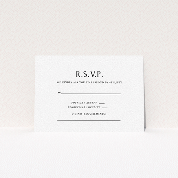 A wedding response card design titled "Simply Love". It is an A7 card in a landscape orientation. "Simply Love" is available as a flat card, with tones of white and black.