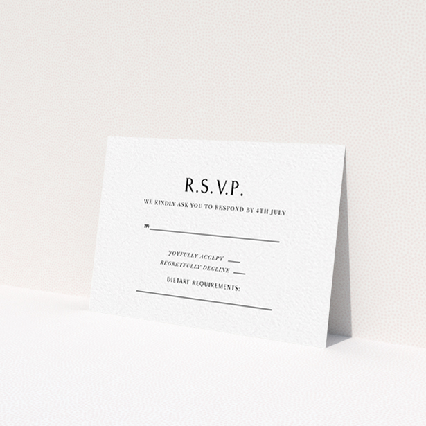 A wedding response card design titled "Simply Love". It is an A7 card in a landscape orientation. "Simply Love" is available as a flat card, with tones of white and black.