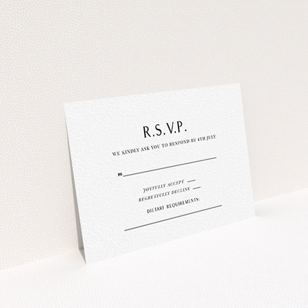 A wedding response card design titled "Simply Love". It is an A7 card in a landscape orientation. "Simply Love" is available as a flat card, with tones of white and black.