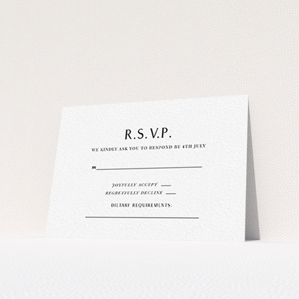 A wedding response card design titled "Simply Love". It is an A7 card in a landscape orientation. "Simply Love" is available as a flat card, with tones of white and black.