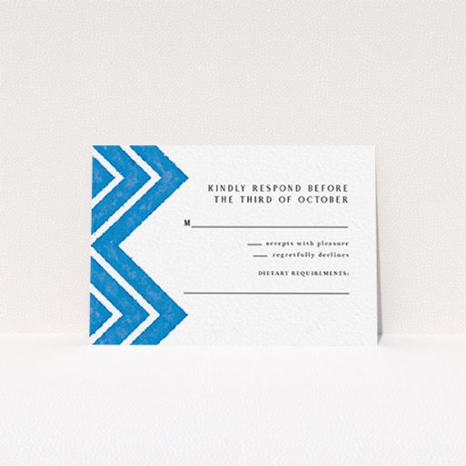 Wedding Response Card Design - "Skiapthos" A wedding response card template titled "Skiapthos". It is an A7 card in a landscape orientation. "Skiapthos" is available as a flat card, with tones of blue and white.