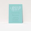 A wedding response card design titled "Slant Typography Mint Green". It is an A7 card in a portrait orientation. "Slant Typography Mint Green" is available as a flat card, with tones of blue and green.