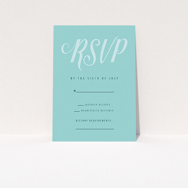 A wedding response card design titled "Slant Typography Mint Green". It is an A7 card in a portrait orientation. "Slant Typography Mint Green" is available as a flat card, with tones of blue and green.
