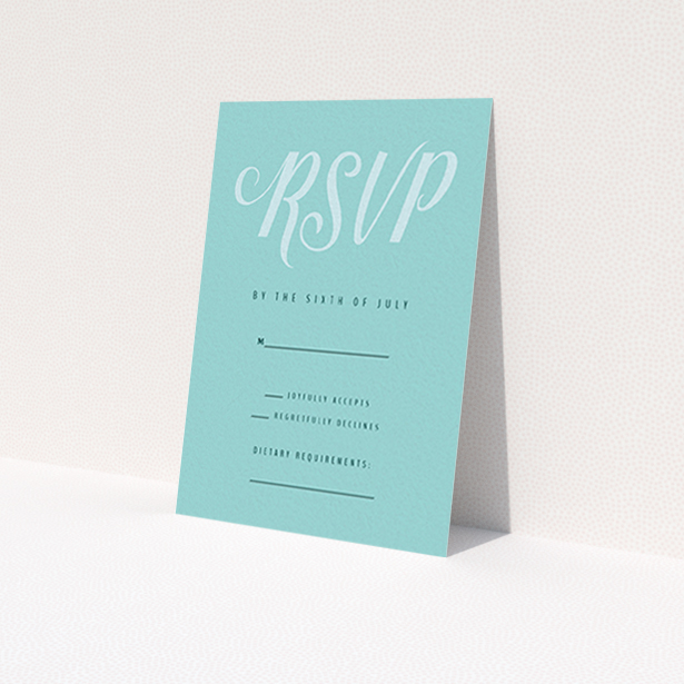 A wedding response card design titled "Slant Typography Mint Green". It is an A7 card in a portrait orientation. "Slant Typography Mint Green" is available as a flat card, with tones of blue and green.