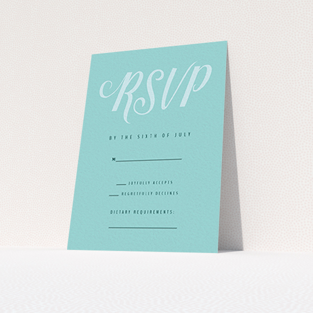 A wedding response card design titled "Slant Typography Mint Green". It is an A7 card in a portrait orientation. "Slant Typography Mint Green" is available as a flat card, with tones of blue and green.