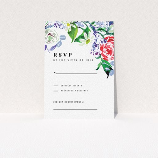 Wedding Response Card Design - "The flowerbed" A wedding response card design named "The flowerbed". It is an A7 card in a portrait orientation. "The flowerbed" is available as a flat card, with mainly green colouring.