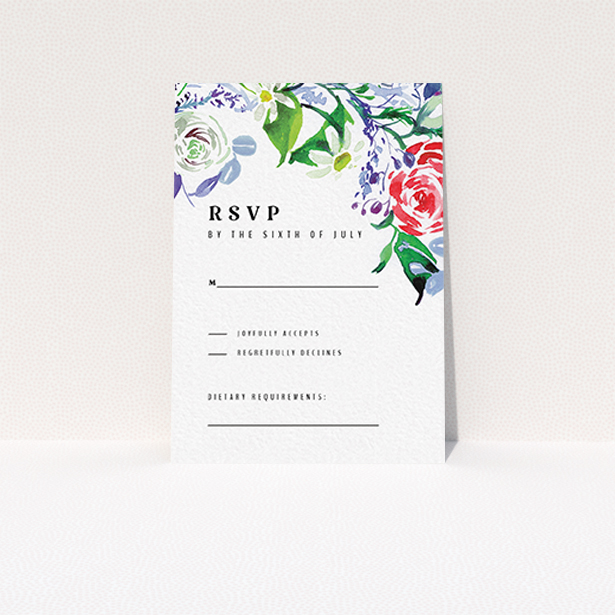 A wedding response card design named "The flowerbed". It is an A7 card in a portrait orientation. "The flowerbed" is available as a flat card, with mainly green colouring.