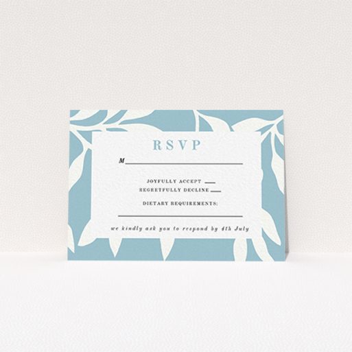 Wedding Response Card Design - "Winter bloom" A wedding response card template titled "Winter bloom". It is an A7 card in a landscape orientation. "Winter bloom" is available as a flat card, with tones of blue and white.