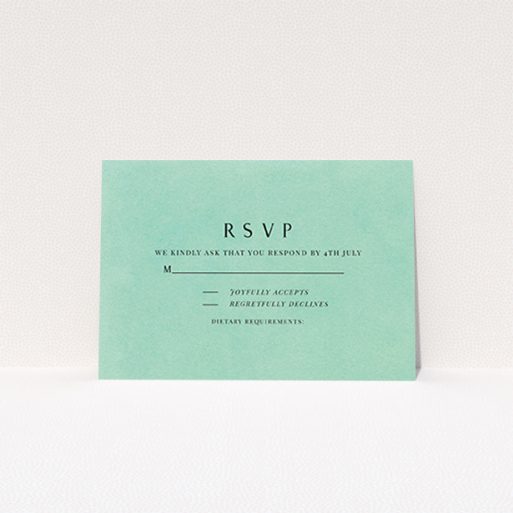 Wedding Response Card Design - "Worn Green" A wedding response card design titled "Worn Green". It is an A7 card in a landscape orientation. "Worn Green" is available as a flat card, with mainly green colouring.