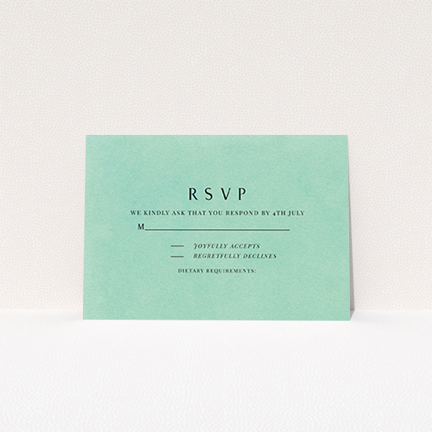 A wedding response card design titled "Worn Green". It is an A7 card in a landscape orientation. "Worn Green" is available as a flat card, with mainly green colouring.