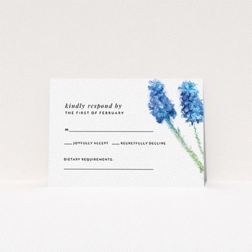 Wedding RSVP Card Design Design - "A new bloom" A wedding rsvp card design named "A new bloom". It is an A7 card in a landscape orientation. "A new bloom" is available as a flat card, with tones of blue and white.