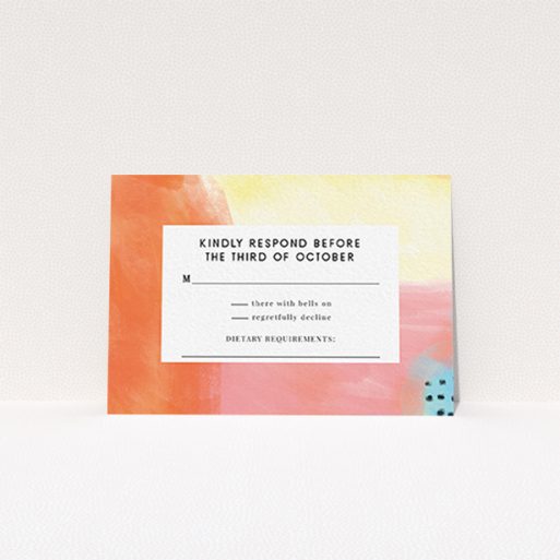 Wedding RSVP Card Design Design - "Abstract Colours" A wedding rsvp card design named "Abstract Colours". It is an A7 card in a landscape orientation. "Abstract Colours" is available as a flat card, with tones of orange, red and yellow.