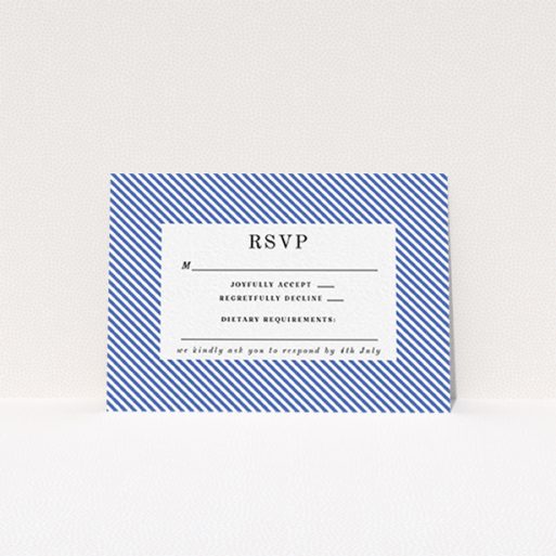 Wedding RSVP Card Design Design - "Between the Lines" A wedding rsvp card template titled "Between the Lines". It is an A7 card in a landscape orientation. "Between the Lines" is available as a flat card, with tones of blue and white.
