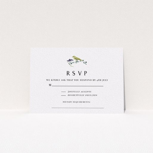 Wedding RSVP Card Design Design - "Birdsong" A wedding rsvp card design titled "Birdsong". It is an A7 card in a landscape orientation. "Birdsong" is available as a flat card, with tones of off-white and yellow.