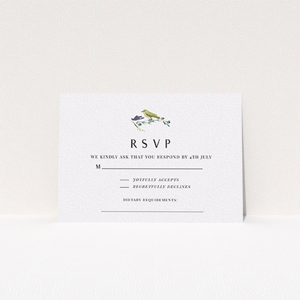 A wedding rsvp card design titled "Birdsong". It is an A7 card in a landscape orientation. "Birdsong" is available as a flat card, with tones of off-white and yellow.