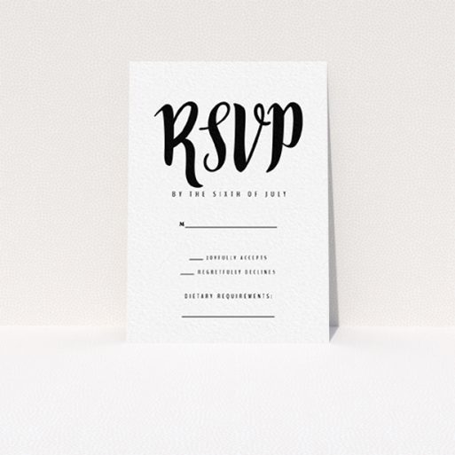 Wedding RSVP Card Design Design - "Black Typography" A wedding rsvp card template titled "Black Typography". It is an A7 card in a portrait orientation. "Black Typography" is available as a flat card, with tones of black and white.
