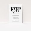 A wedding rsvp card template titled "Black Typography". It is an A7 card in a portrait orientation. "Black Typography" is available as a flat card, with tones of black and white.