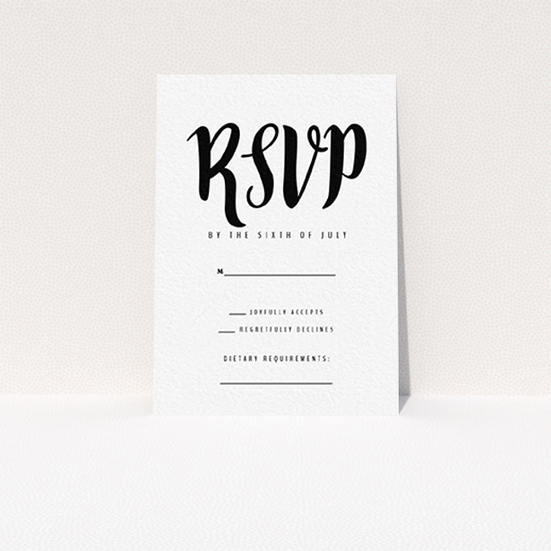 A wedding rsvp card template titled "Black Typography". It is an A7 card in a portrait orientation. "Black Typography" is available as a flat card, with tones of black and white.